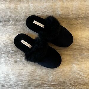 Vintage LAURA ASHLEY Black Velveteen Furry Slippers Bedroom House Shoes S 5/6